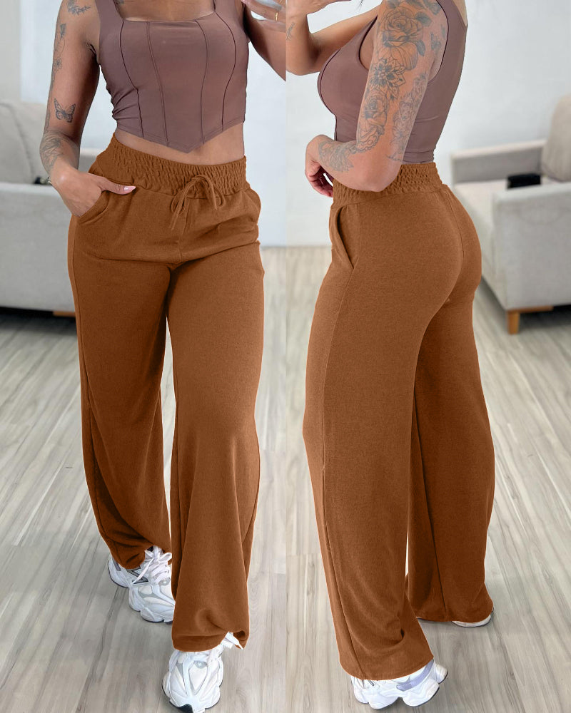 High Waist Drawstring Elastic Waist Wide Leg Casual Pants
