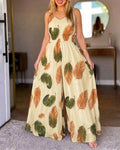 Women's Feather Print V-Neck Sleeveless Shirred Waist Wide-Leg Mesh Jumpsuit with Lining