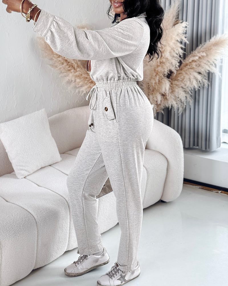 Turn-down Collar Overlap V-Neck Drawstring Stretchy Waist Jumpsuit Casual Flap Pockets Design Jumpsuit