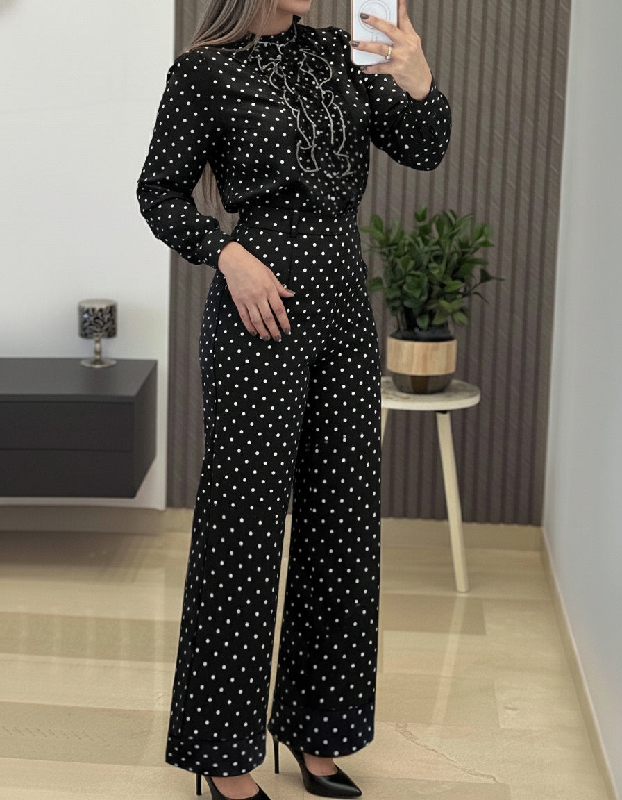 2 Pieces Outfit Stand Collar Button Front Ruffles Spliced Top and High Waist Straight Leg Pants Set Casual Polka Dot Print Commuting Set