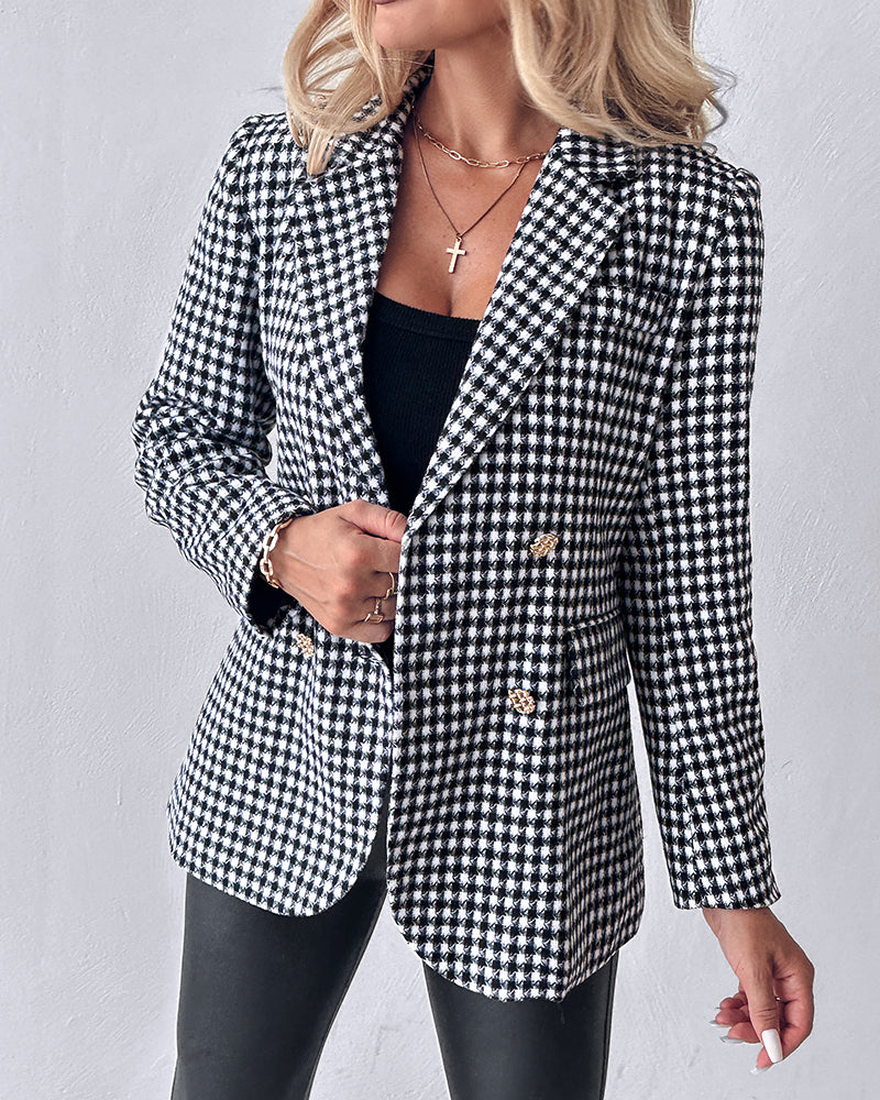 Zweireihiger Blazer mit Hahnentrittmuster und Gürtel