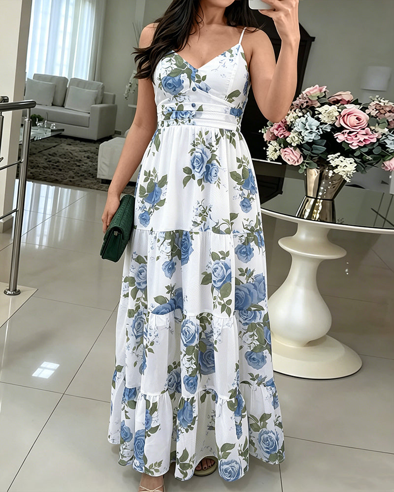 Damen-Maxikleid mit Blumenmuster, Rüschensaum, Camisole-Kleid, V-Ausschnitt, gerafft, Sommer-Urlaub, Boho-langes Kleid mit integriertem BH