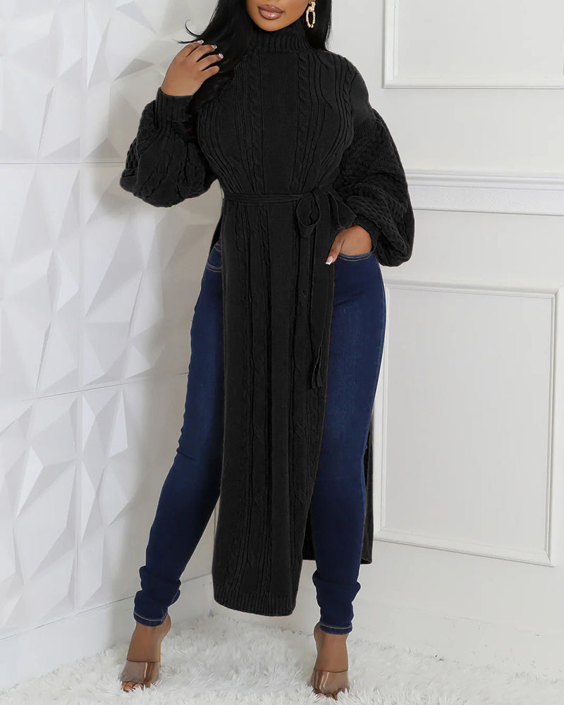 Cable Textured High Neck Lantern Sleeve Bow Tie Waist Sweater Casual High Slit Knit Longline Top