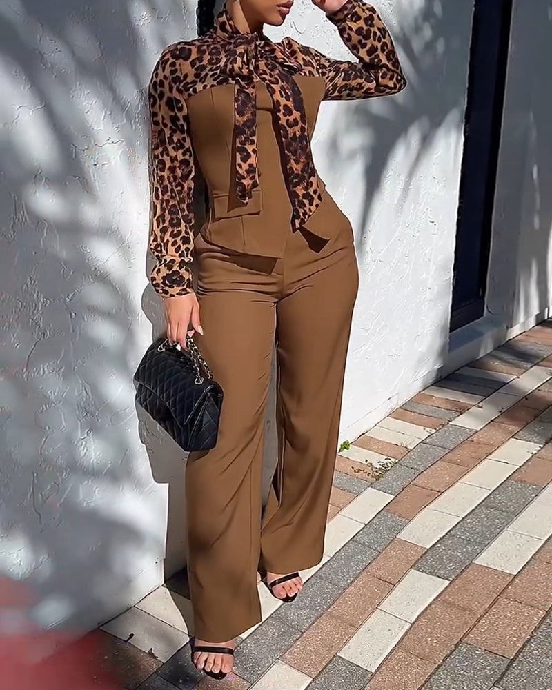 2 Pieces Outfit Leopard Print Spliced Tie Neck Long Sleeve Double Breasted Front Flap Detail Top and Zipper Fly Wide Leg Pants Set Casual Commuting Set