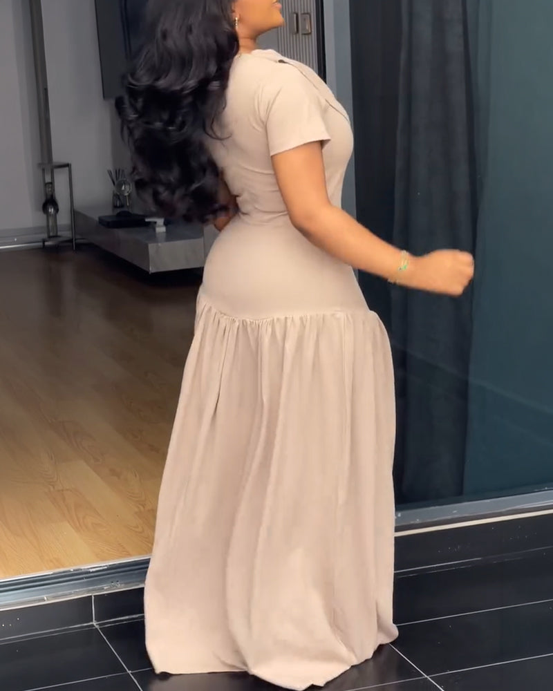 Single Breasted Decor Cowl Neck Short Sleeve Cinched Waist Maxi Dress Elegant Zipper Back Ruched Party Dress