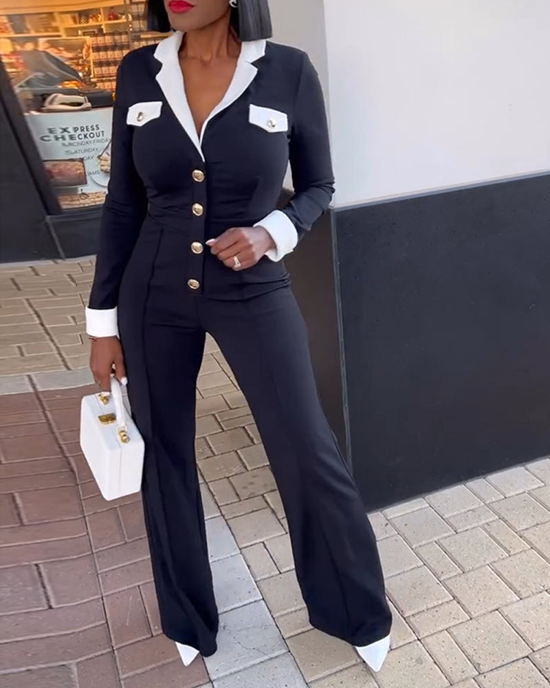 Colorblock Notched Collar Long Sleeve Golden Button Front Overalls Slim Fit Seam Front Wide Leg Commuting Jumpsuit