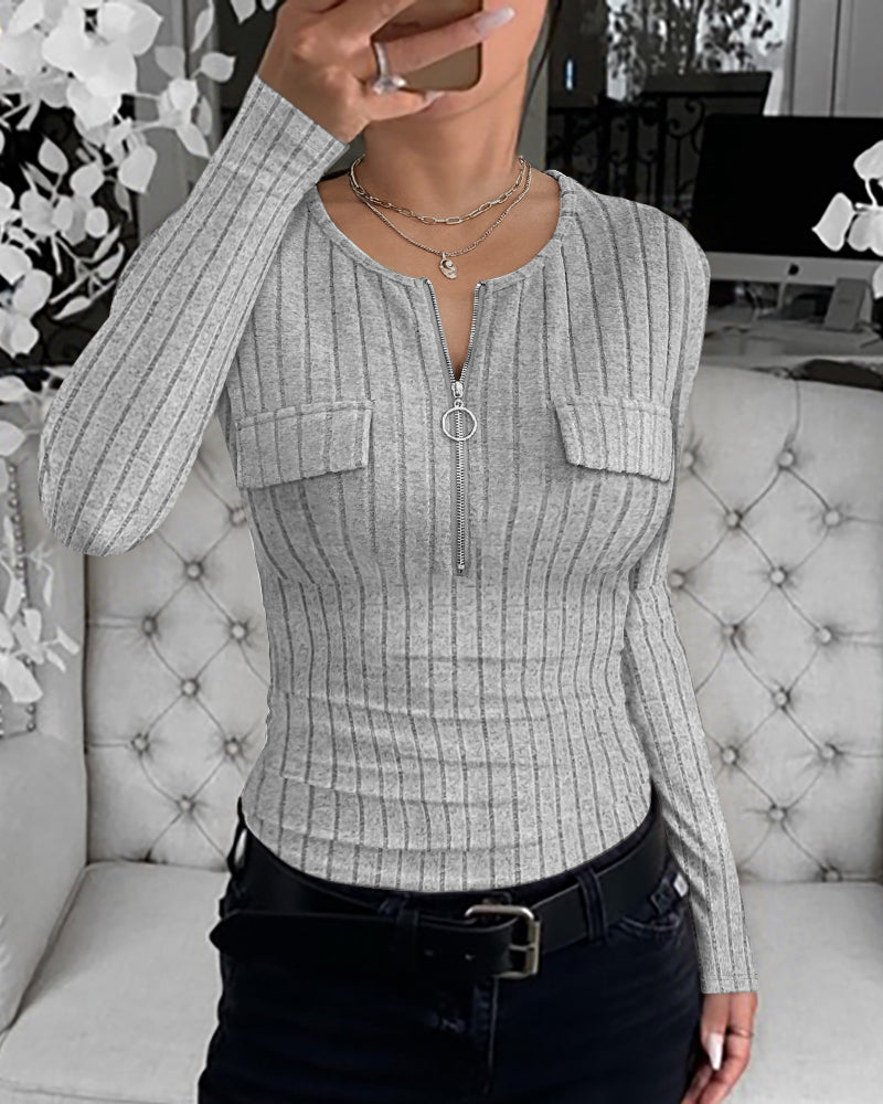 Long Sleeve Half Zip Flap Detail Ribbed Tee Slim Fit Brushed Top