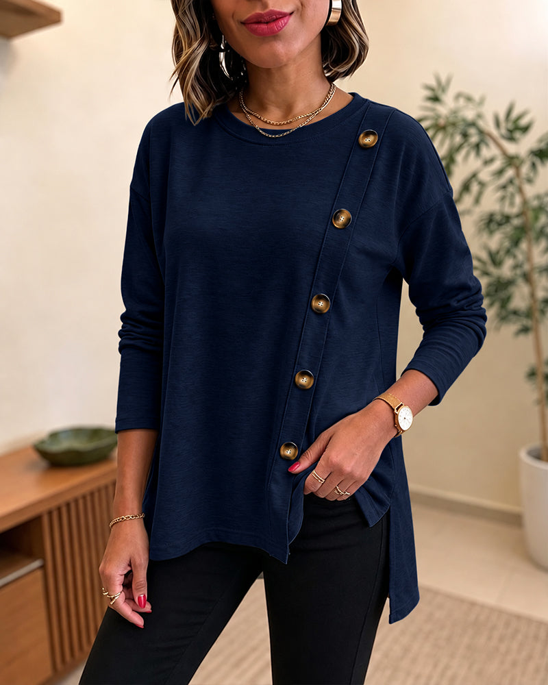Women's Side Button Detail High-Low Split Hem Loose Tee Drop Shoulder Casual Top