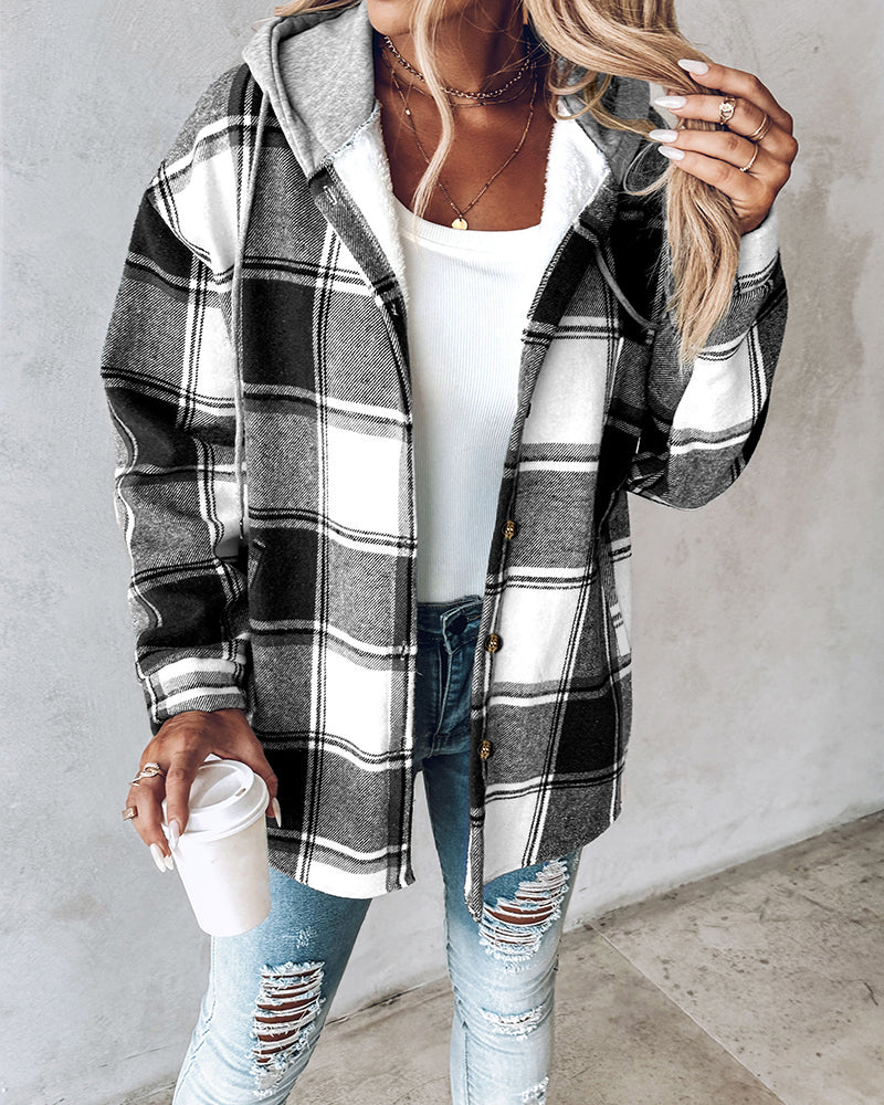 Karierte Langarm-Hemdjacke mit Knopfleiste, fleecegefütterte Kapuzenjacke, warmer Mantel