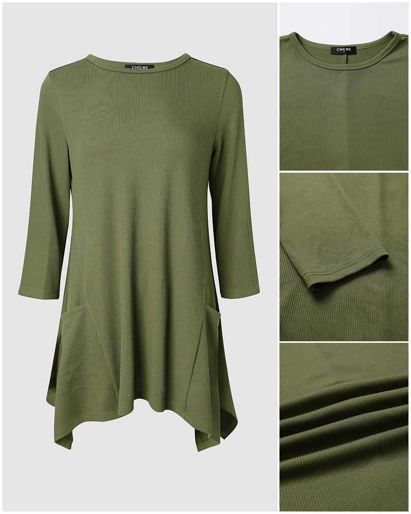 Women's Ribbed Asymmetrical Hem Top Crewneck Three Quarters Sleeve A-Line Casual Top