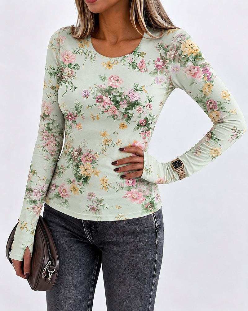 Women's Floral Print Long Sleeve Top Slim Fit Tee with Thumb Holes