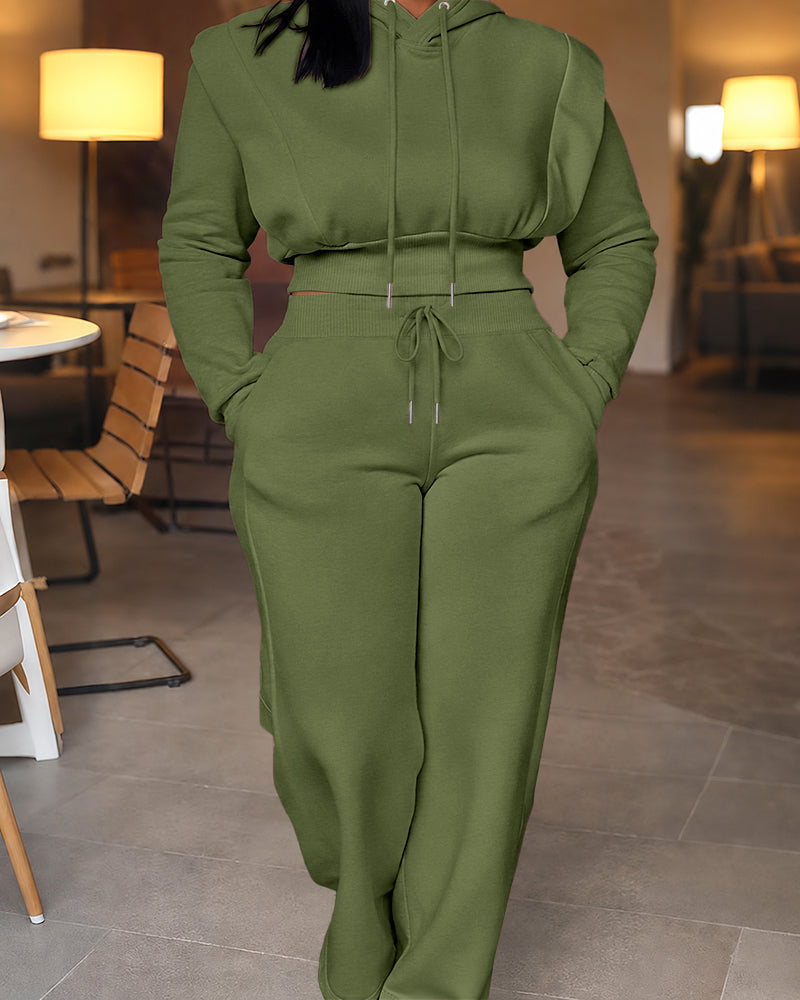 2 Pieces Outfit Long Sleeve Crop Drawstring Hoodie Sweatshirt with Thumb Hole Cuffs and Casual Drawstring Elastic Waist Wide Leg Sweatpants Set