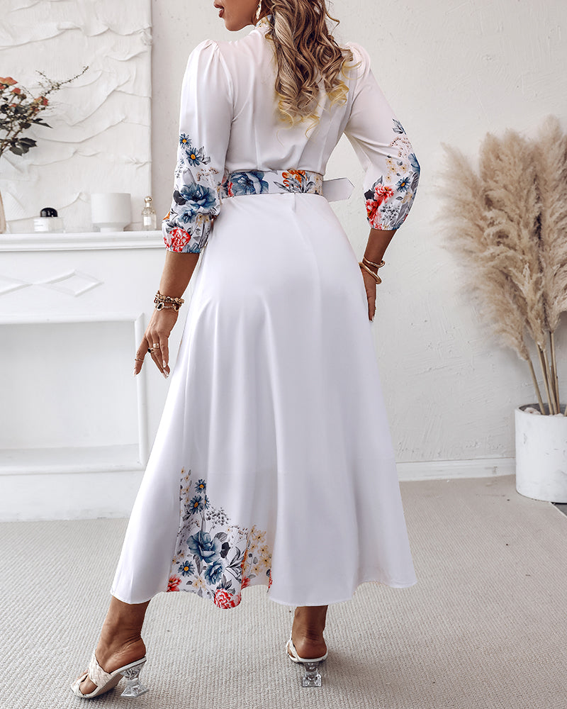 Floral Print V Neck Three Quarters Tied Detail Blouse Dress Casual A Line Slim Fit Maxi Dress