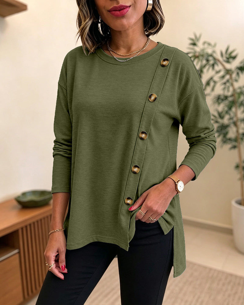 Women's Side Button Detail High-Low Split Hem Loose Tee Drop Shoulder Casual Top