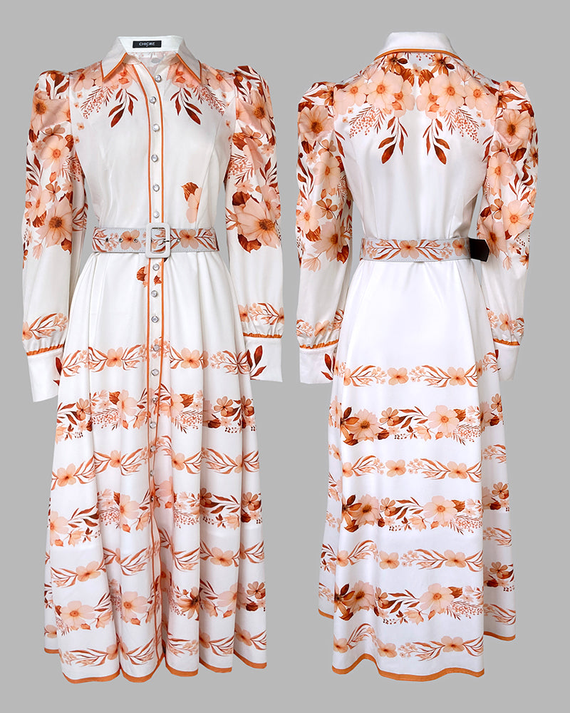 Blumenkleid mit Umlegekragen, Puffärmeln, Gürtel und Innenfutter, lässiges Hemdblusenkleid für den Urlaub