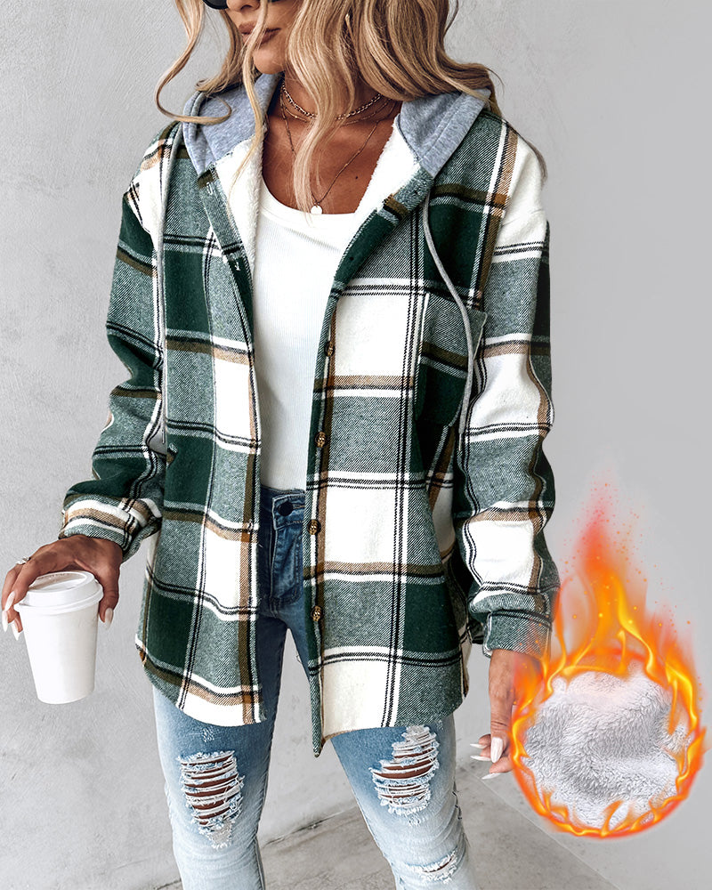 Karierte Langarm-Hemdjacke mit Knopfleiste, fleecegefütterte Kapuzenjacke, warmer Mantel
