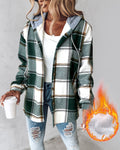 Karierte Langarm-Hemdjacke mit Knopfleiste, fleecegefütterte Kapuzenjacke, warmer Mantel