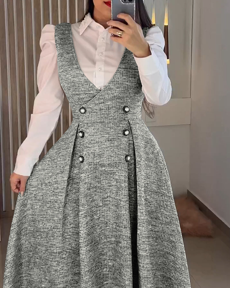 V-Neck Sleeveless Double Breasted Decor A Line Party Dress Causal Ziper Back Peplum Hem Commuting Dress