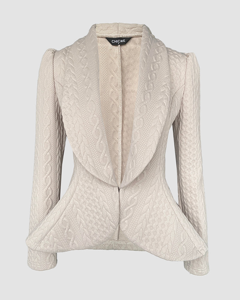 Shawl Collar Long Sleeve Cinched Waist Open Front Jacket Casual Flared Hem Cable Textured Jacquard Coat
