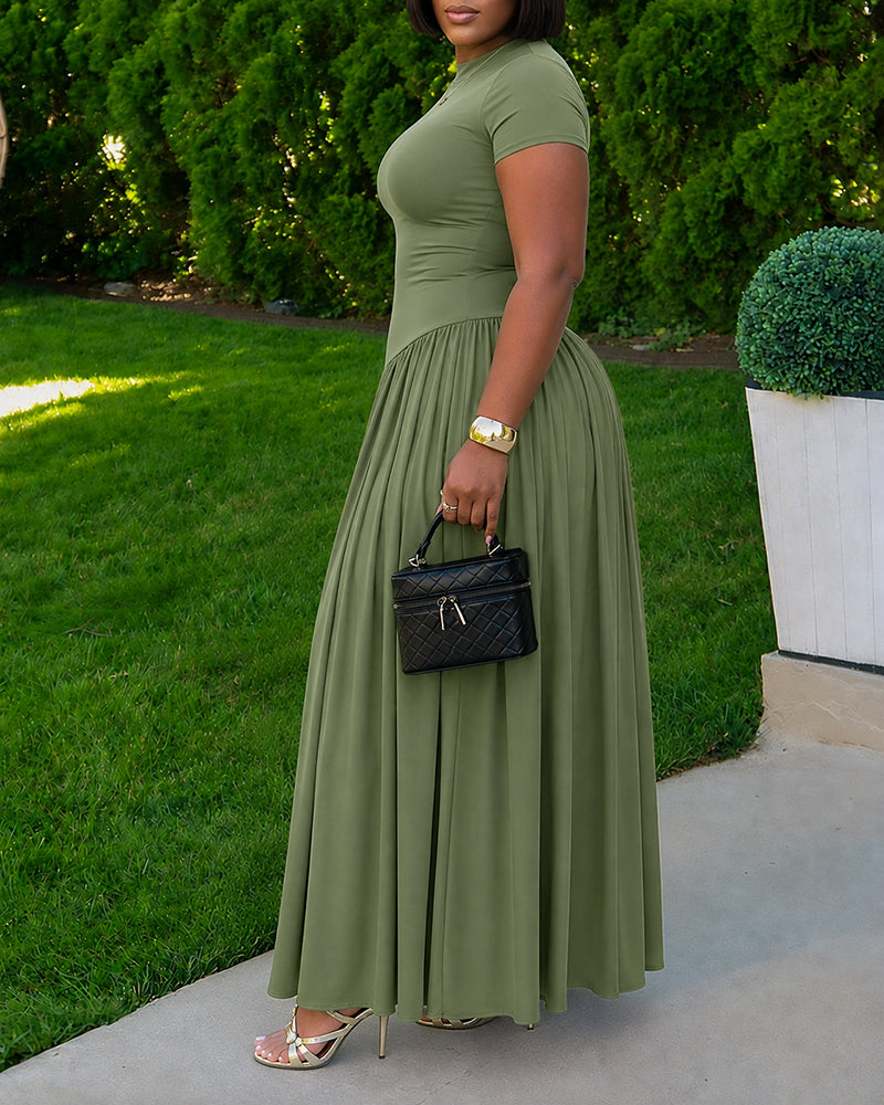 Women's Short Sleeve Crewneck Asymmetric Waist Maxi Dress Ruched A-Line Dress