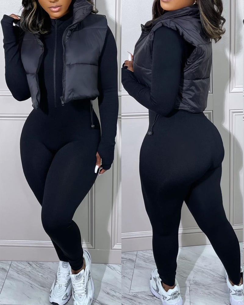 Stand Collar Zip Up Lightweight Cropped Puffer Vest Sleeveless Drawstring Hem Padded Coat