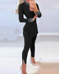 2 Pieces Outfit Mock Neck Long Sleeve Hollow-out Back Side Slit Longline Top and High Waist Slit Hem Pants Set Casual Pearls Decor Slim Fit Knit Lounge Set