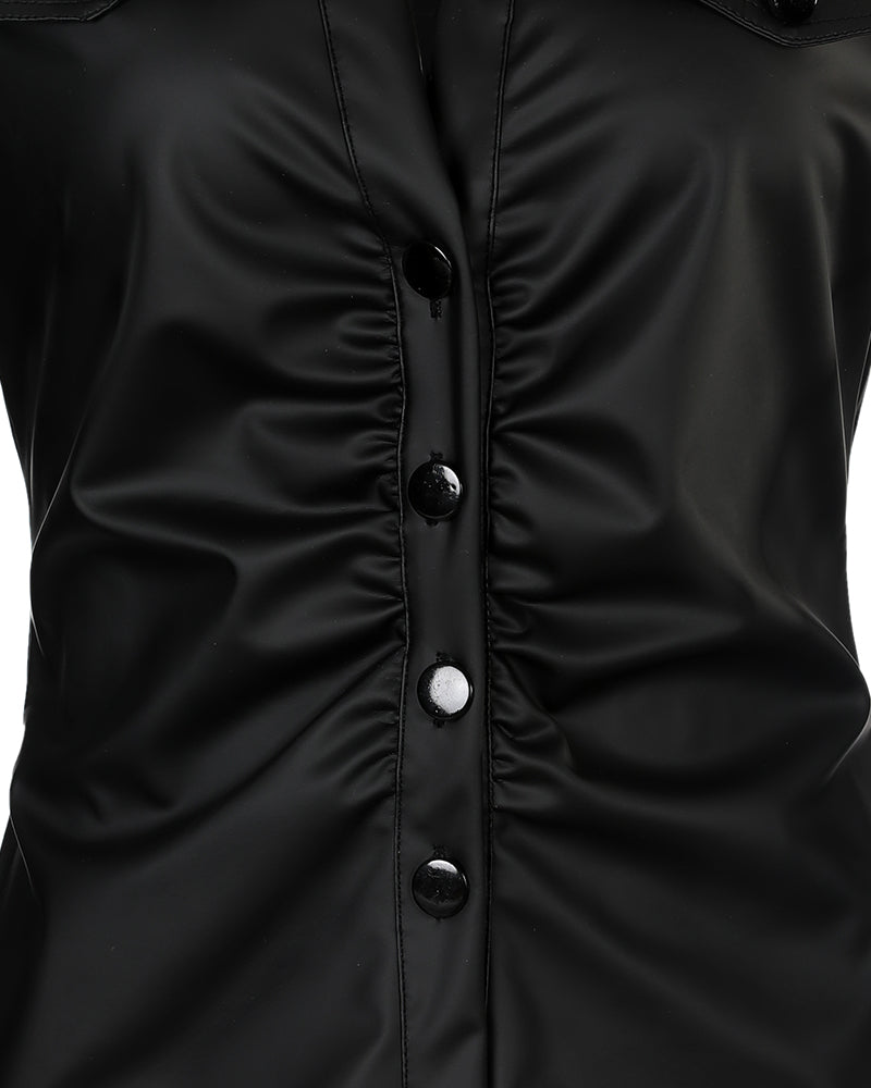 Women's Floral Lace Spliced Button-Down PU Leather Shirt Top