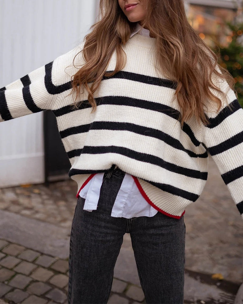 Women's Striped Crew Neck Loose Fit Chunky Knit Sweater Contrast Binding Top