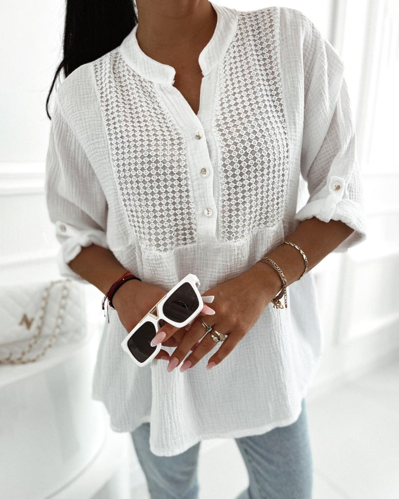 Notch Neck Roll Up Sleeve Lace Overlay Shirt Half Button Front Ruffle Hem Casual Top