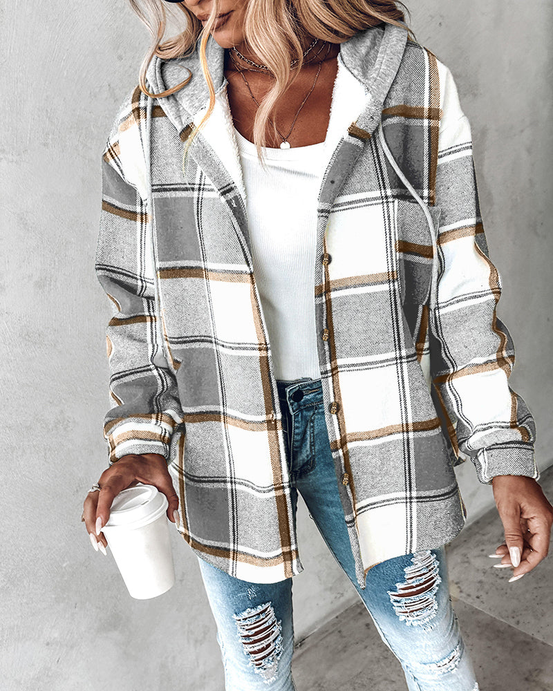 Karierte Langarm-Hemdjacke mit Knopfleiste, fleecegefütterte Kapuzenjacke, warmer Mantel
