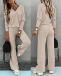 2 Pieces Outfit Button Decor V-Neck Long Sleeve Top and Elastic Waist Straight Leg Pants Set Casual Ribbed Set