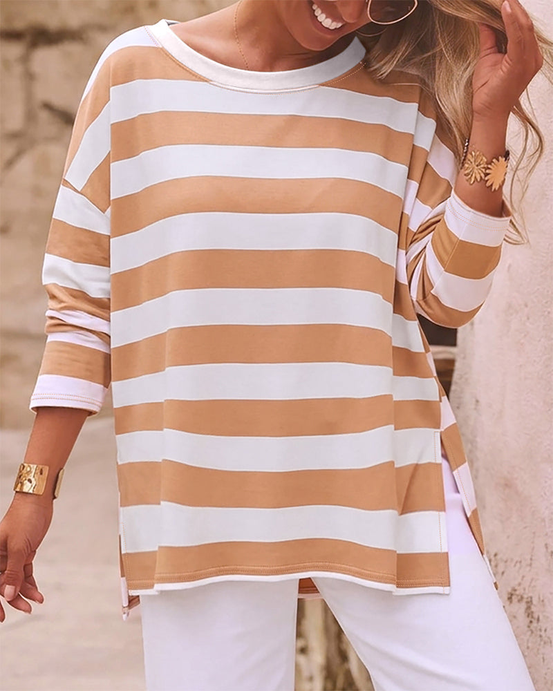 Women's Striped T Shirt Long Sleeve Drop Shoulder Crewneck Tee Side Slit Casual Loose Fit Top