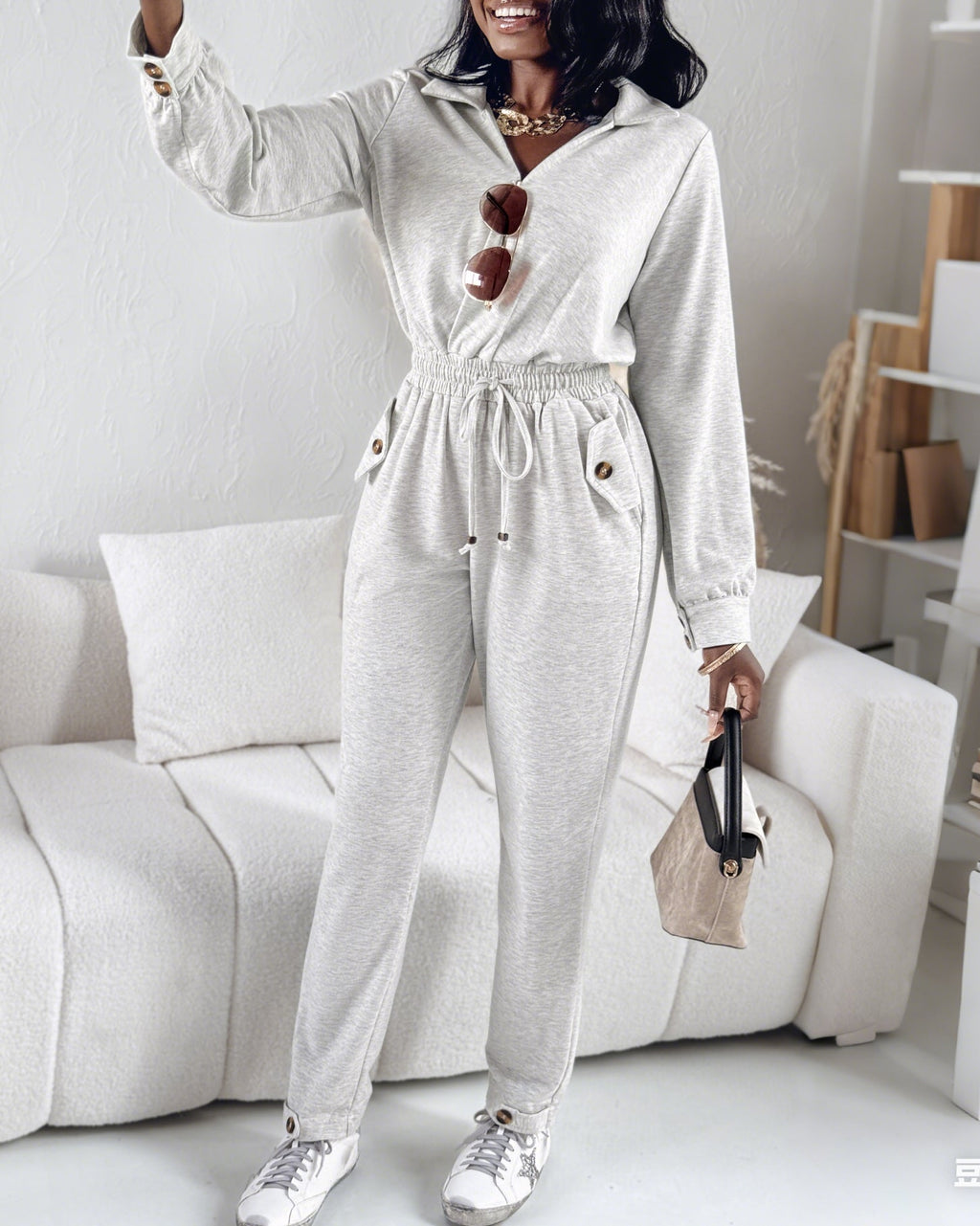 Turn-down Collar Overlap V-Neck Drawstring Stretchy Waist Jumpsuit Casual Flap Pockets Design Jumpsuit