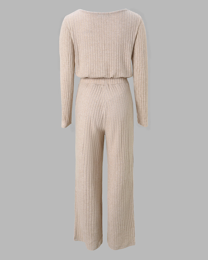 2 Pieces Outfit Button Decor V-Neck Long Sleeve Top and Elastic Waist Straight Leg Pants Set Casual Ribbed Set
