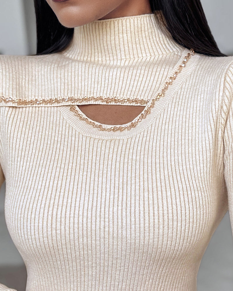 High Neck Long Sleeve Beaded Knit Sweater Hollow-out Fleece Lined Basic Layering Soft Versatile Thermal Top