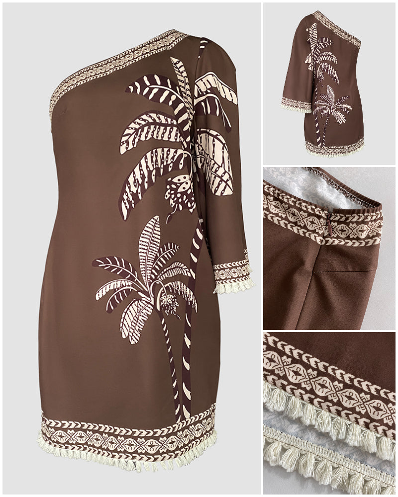 Tropisches Mini-Kleid mit One-Shoulder-Ausschnitt, Dreiviertelarm und Fransen-Saum für Damen