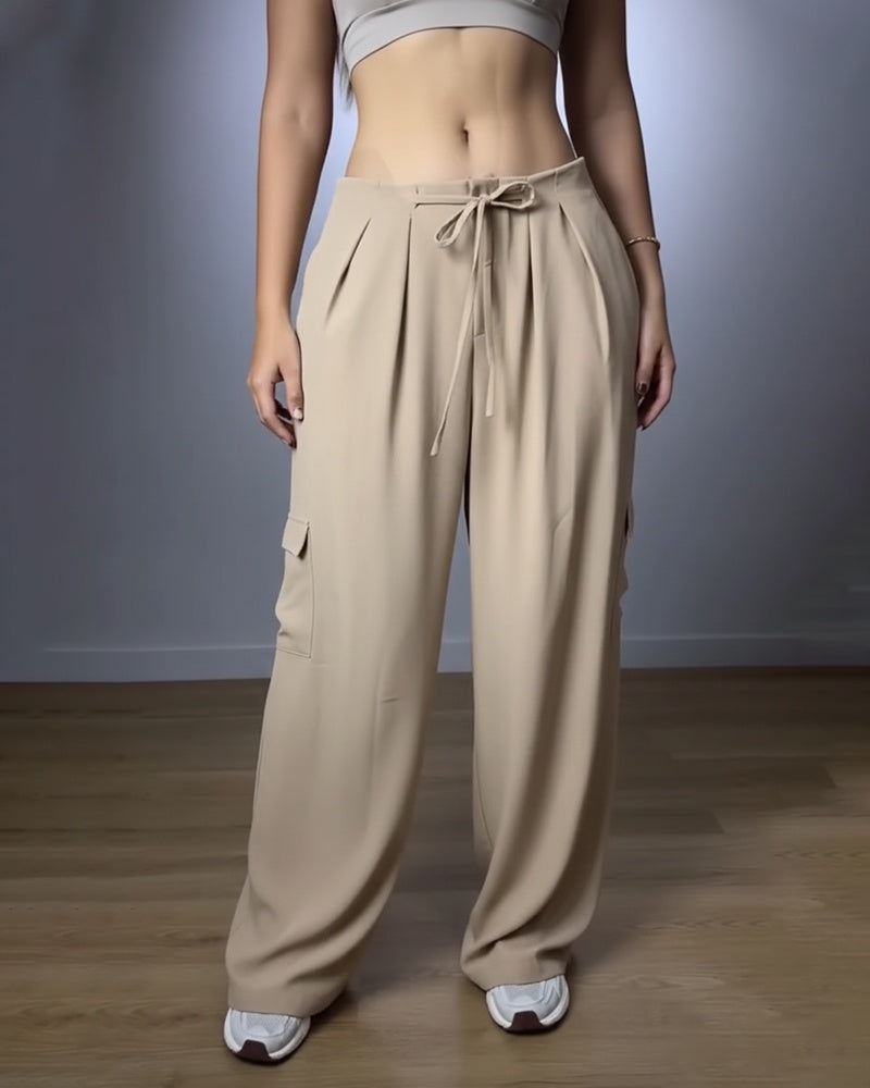 High-Waist-Hose mit Kordelzug, Bundfalten und weitem Bein, lässige Cargohose mit Pattentaschen