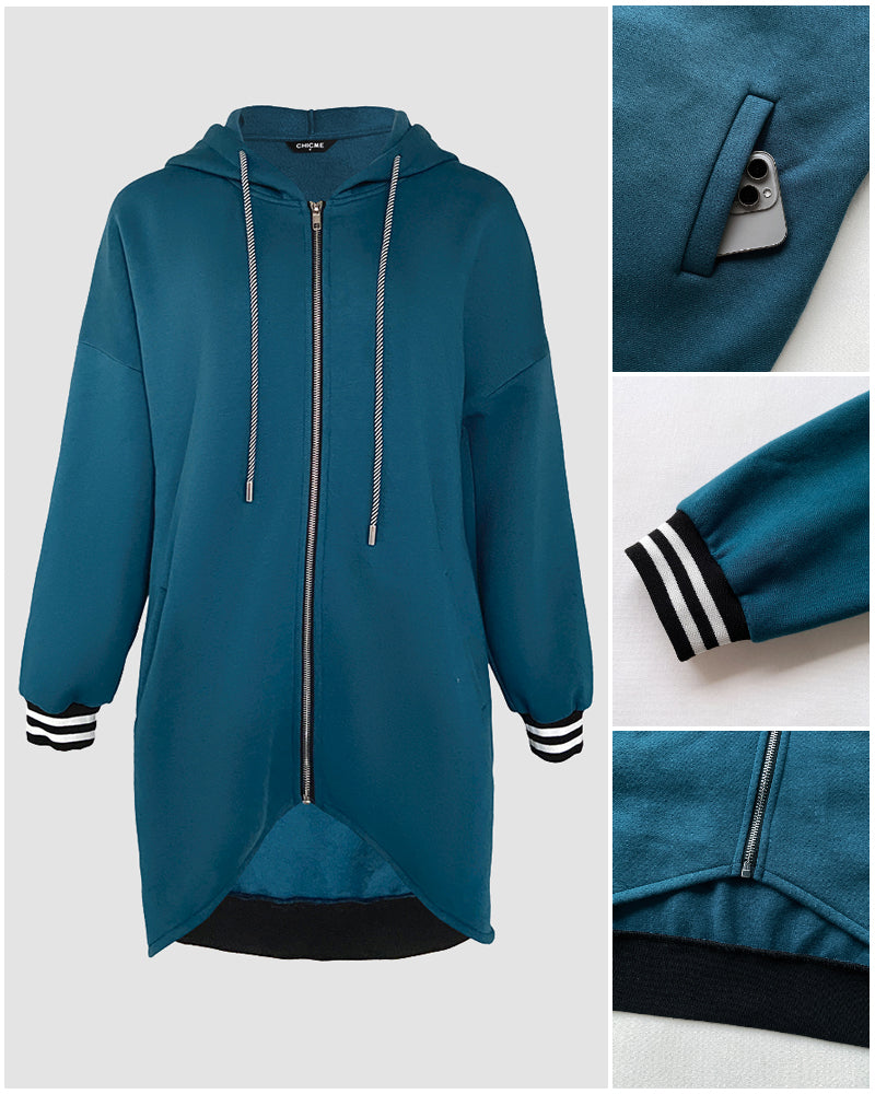 Striped Cuffs Pockets Design Zipper Front Drawstring Hoodie Jacket Casual Drop Shoulder Asymmetrical Hem Mid-length Coat