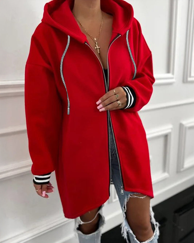 Striped Cuffs Pockets Design Zipper Front Drawstring Hoodie Jacket Casual Drop Shoulder Asymmetrical Hem Mid-length Coat