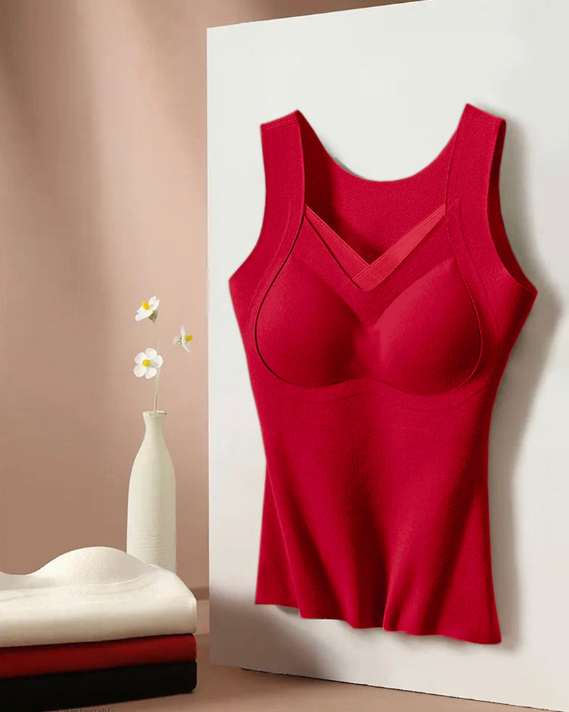 Sheer Mesh Spliced V Neck Sleeveless Built In Bra Tank Casual Warm Fleece Lined Slim Fit Top