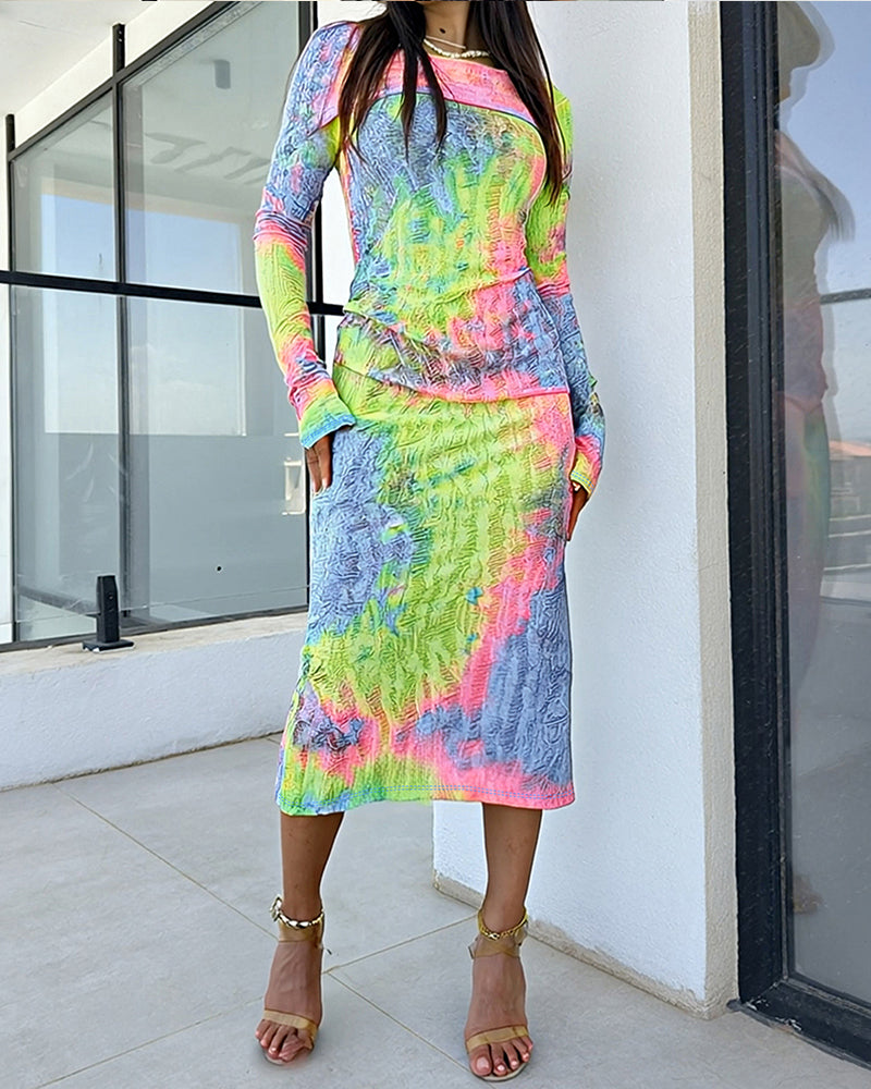 Tie-Dye-Kleid mit Umschlagkragen, schulterfrei, lange Ärmel, texturiertes Bodycon-Kleid, lässiges Freizeitkleid mit Rissen, hochelastisch, Urlaubskleid