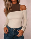 Women's Mock Neck Cold Shoulder Faux Two-Piece Top Colorblock Slim Fit Knit Top