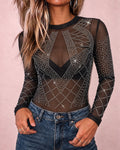 Women's Geometric Rhinestone Sheer Mesh Round Neck Long Sleeve Slim Fit Top