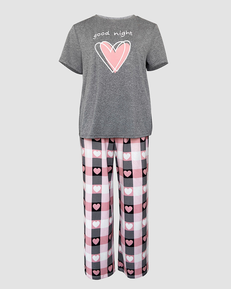 2 Pieces Outfit Floral Print Short Sleeve Top and Casual Plaid Heart Pattren Lounge Pants Set