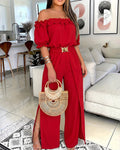 Women's Ruffle Off Shoulder Short Sleeve High Waist Split Wide Leg Jumpsuit with Belt