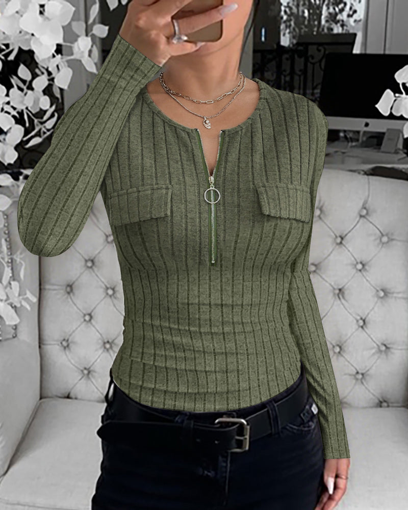 Long Sleeve Half Zip Flap Detail Ribbed Tee Slim Fit Brushed Top