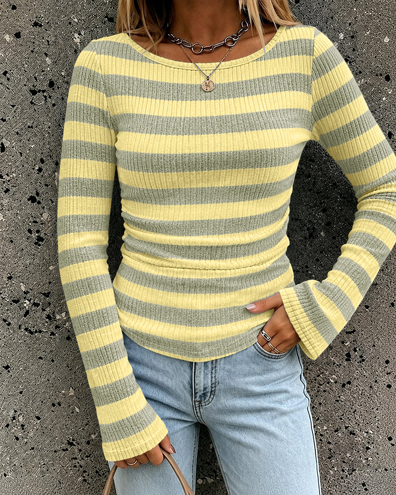 Women's Boat Neck Striped Long Flare Sleeve Ruched Knit Top