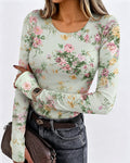 Women's Floral Print Long Sleeve Top Slim Fit Tee with Thumb Holes