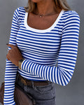 Women's Striped Ribbed U-Neck Long Sleeve Top Slim Fit Contrast Trim Tee