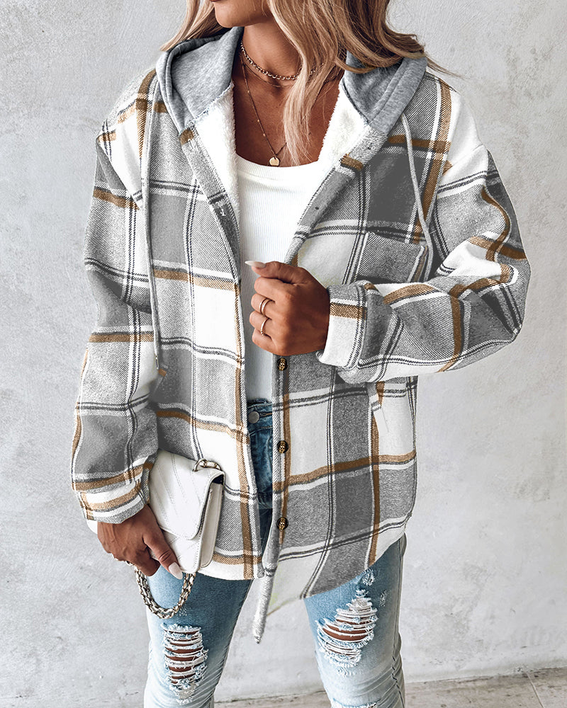 Karierte Langarm-Hemdjacke mit Knopfleiste, fleecegefütterte Kapuzenjacke, warmer Mantel
